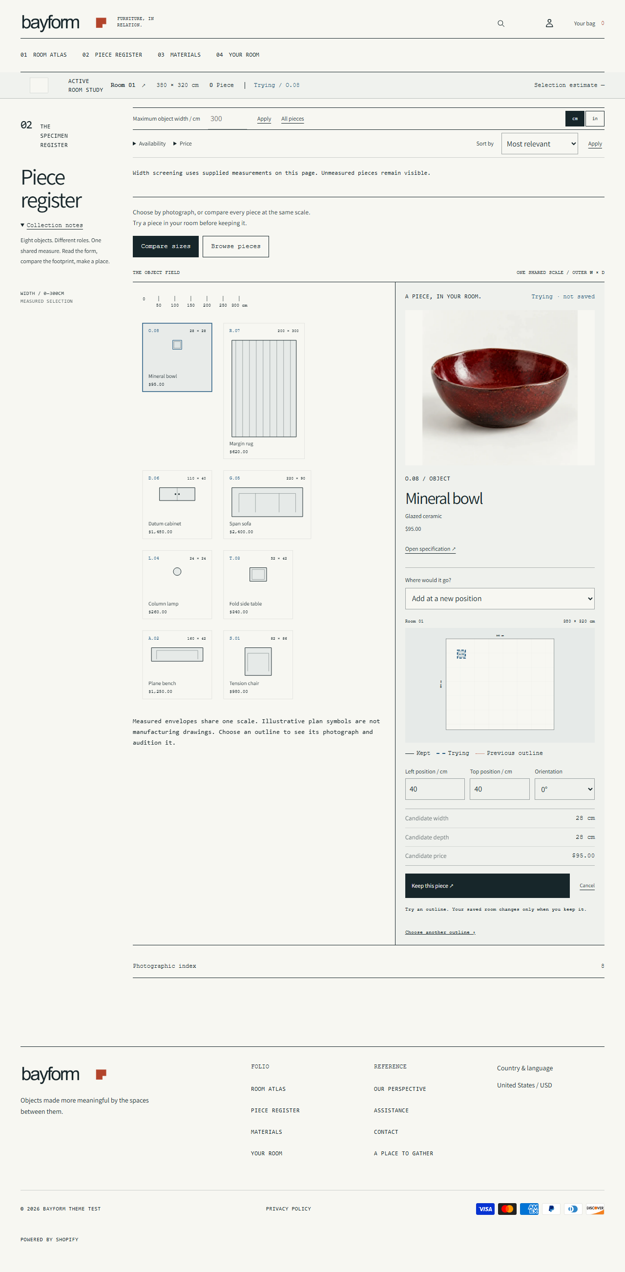 The Bayform piece register compares furniture sizes alongside product details.