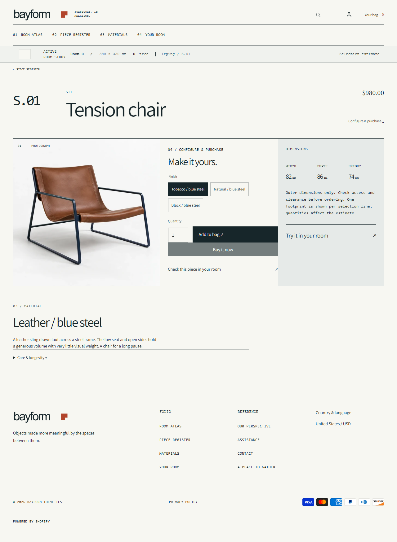 Bayform product sheet with furniture photography and purchase controls.
